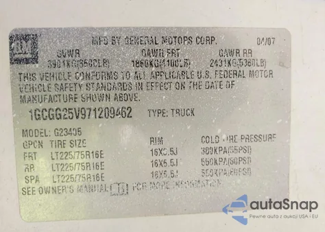 2007 Chevrolet Express Work Van z USA, uszkodzony, nr VIN 1GCGG25V971209462